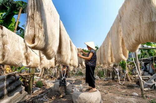 Elderly woman dries silk threads outdoors in a rural, sunny setting, showcasing traditional craftsmanship.